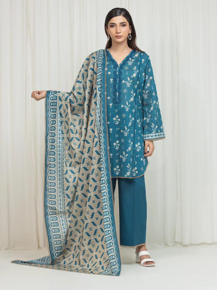 Edenrobe Allure Turquoise Lawn 3-Piece Suit | EWU6A1-36673-3P