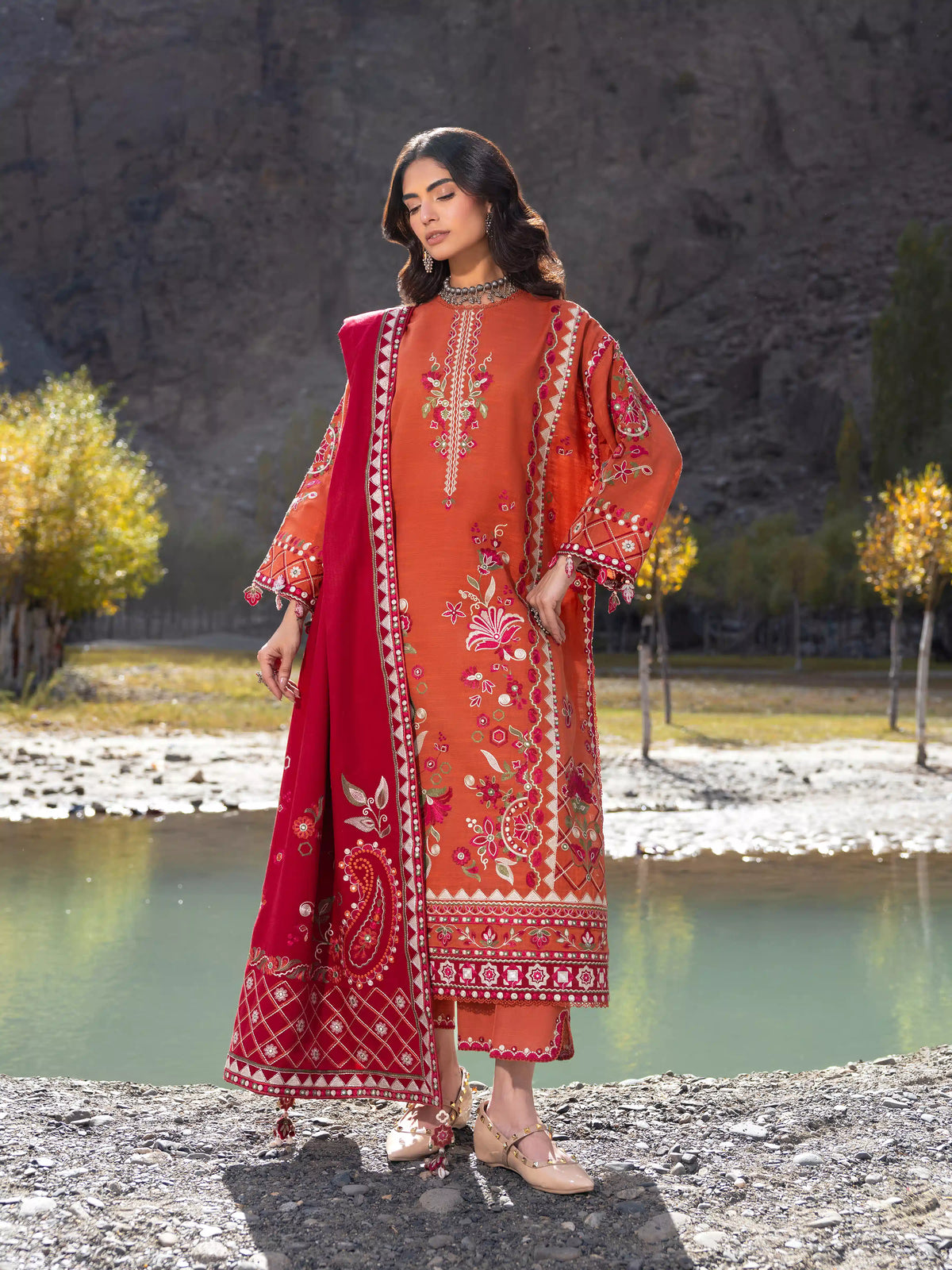 Edenrobe Kohsaar Rust Khaddar 3-Piece Suit | EWU6V11-34009-3P