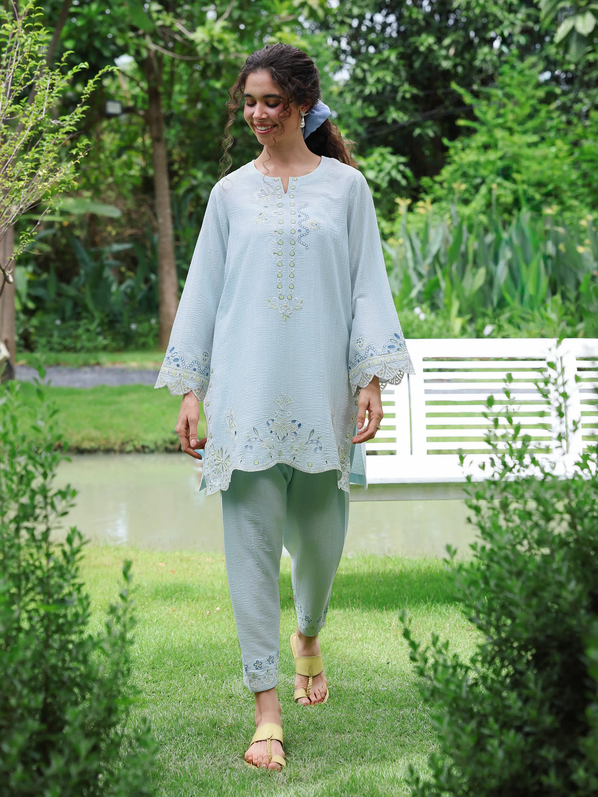 Edenrobe Vyla Blue Embroidered 2-Piece Pret | EWTKED6-86181ST