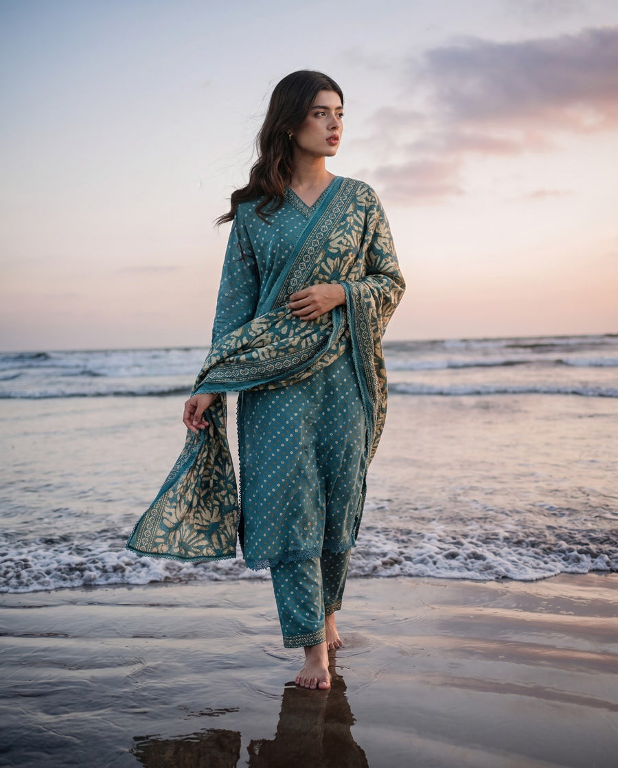 Bin Saeed Teal Printed 3-Piece Suit | 24440