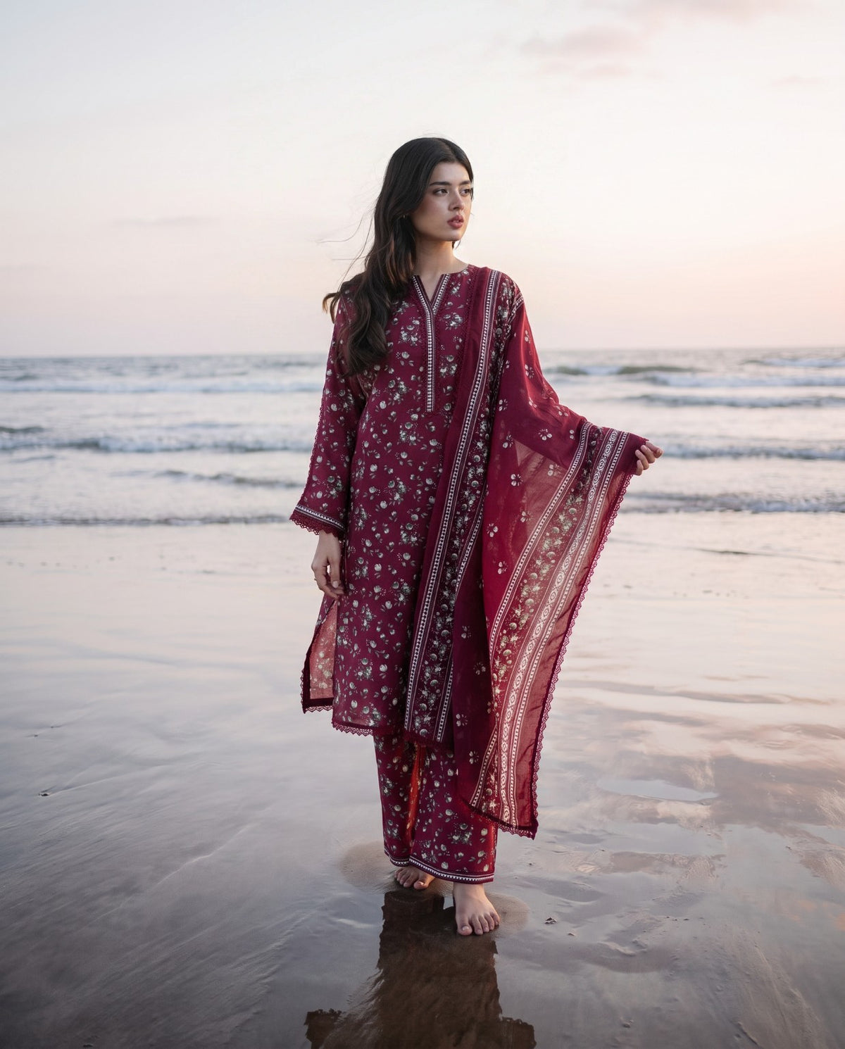 Bin Saeed Burgundy Printed 3-Piece Suit | 24441