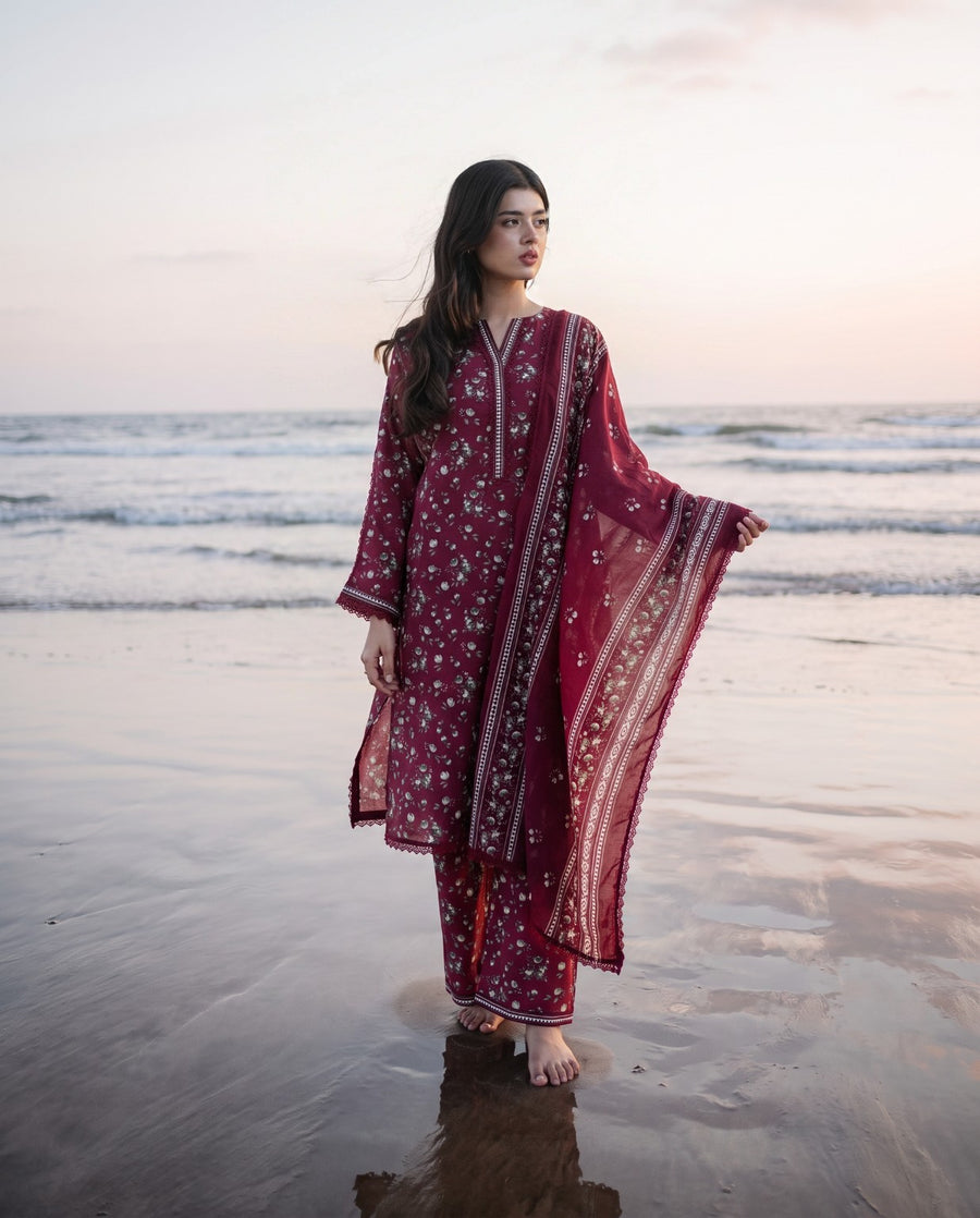 Bin Saeed Burgundy Printed 3-Piece Suit | 24441