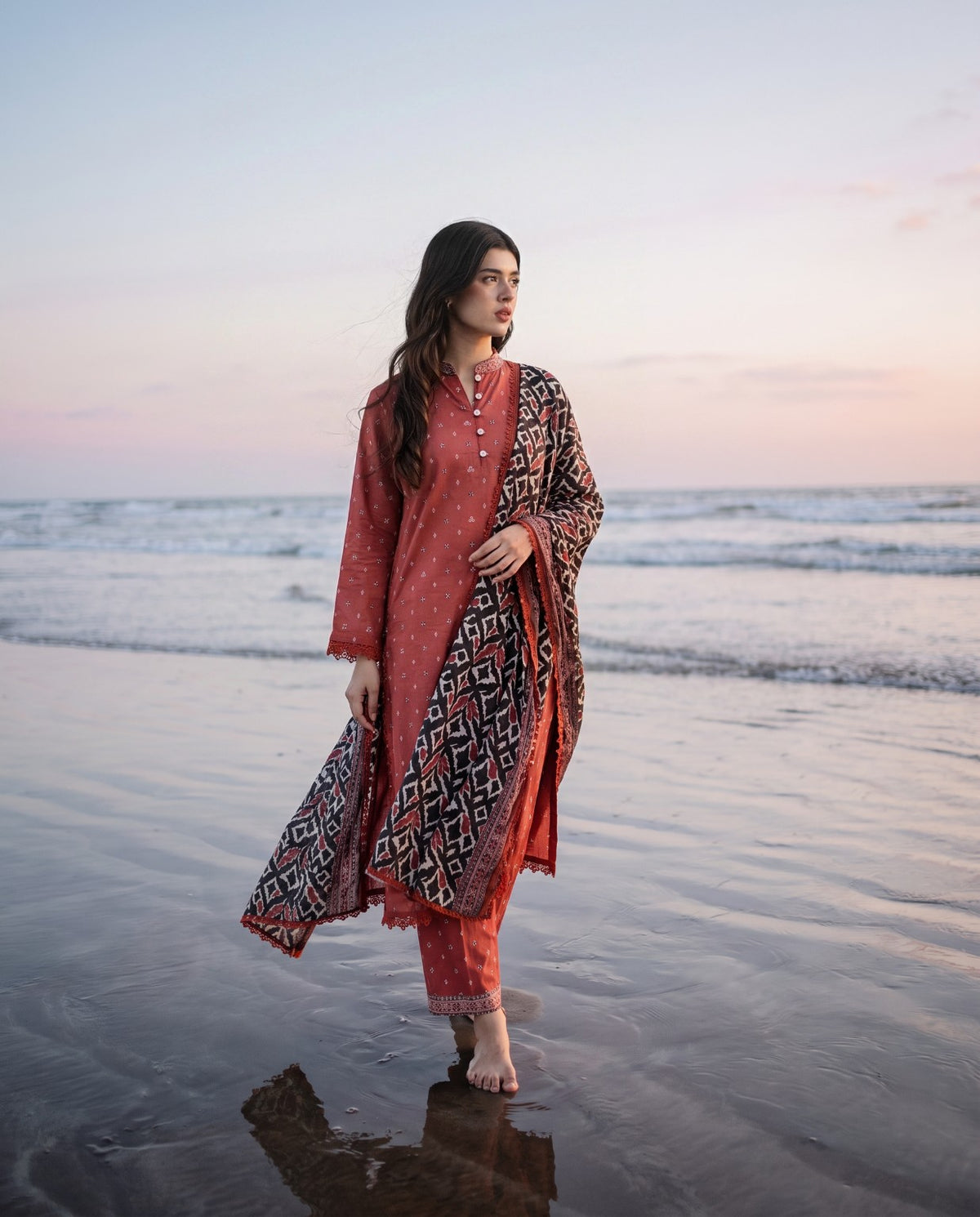 Bin Saeed Rust Printed 3-Piece Suit | 24505
