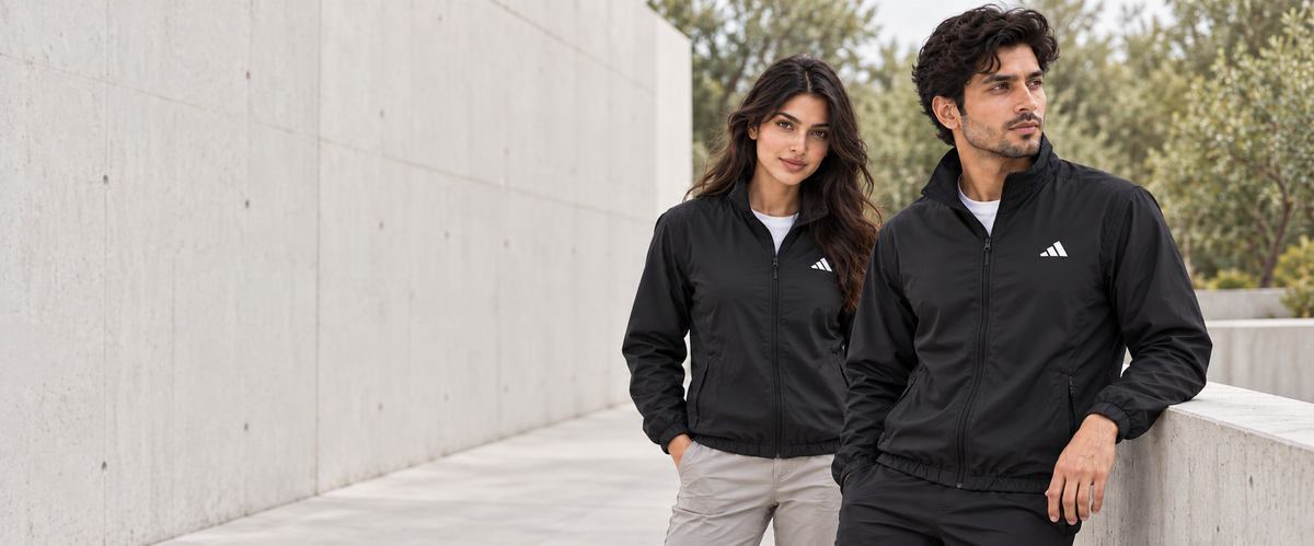 Two models wearing black Adidas windbreakers