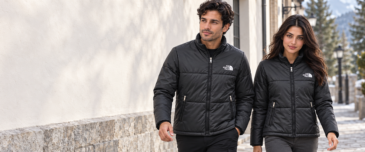 Two models wearing black low-profile full-sleeve puffer jackets