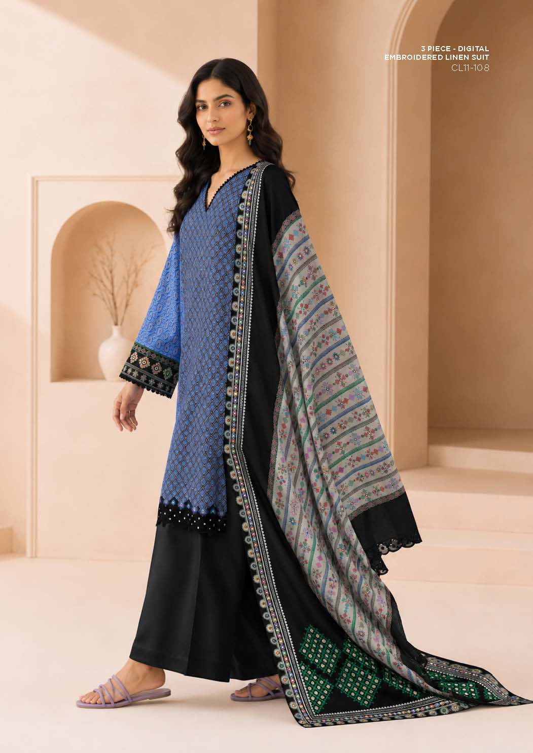 Sapphire Royal Blue Embroidered Linen 3-Piece Suit | CL11-108