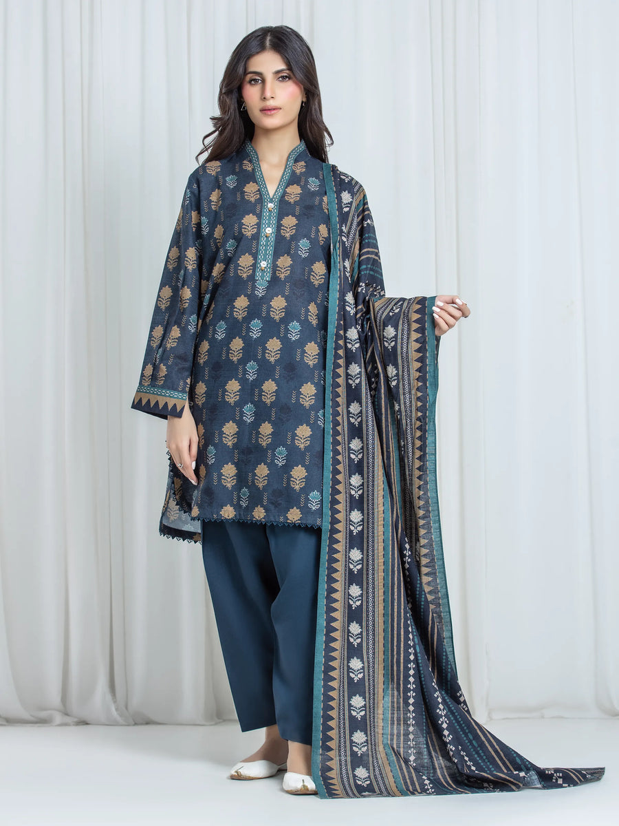 Edenrobe Allure Charcoal Khaddar 3-Piece Suit | EWU6A3-37056-3P