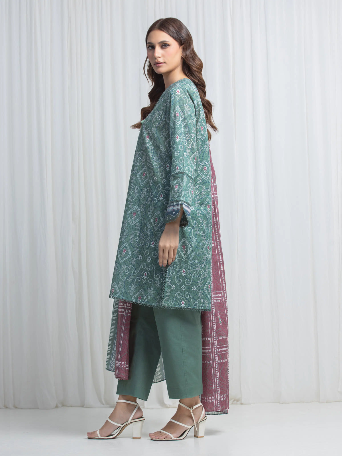 Edenrobe Allure Green Lawn 3-Piece Suit | EWU6A1-36865-3P