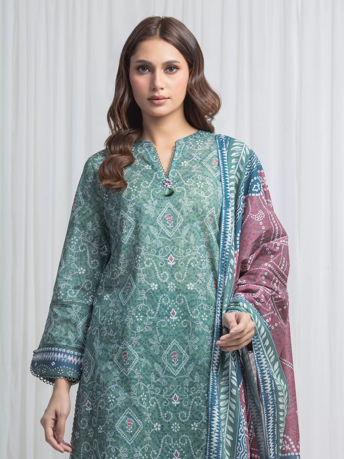 Edenrobe Allure Green Lawn 3-Piece Suit | EWU6A1-36865-3P