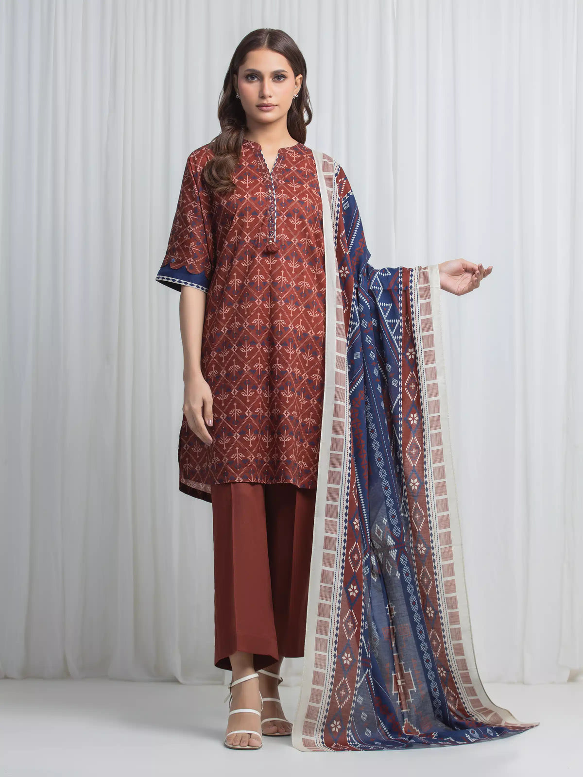 Edenrobe Allure Brown Lawn 3-Piece Suit | EWU6A1-36864-3P