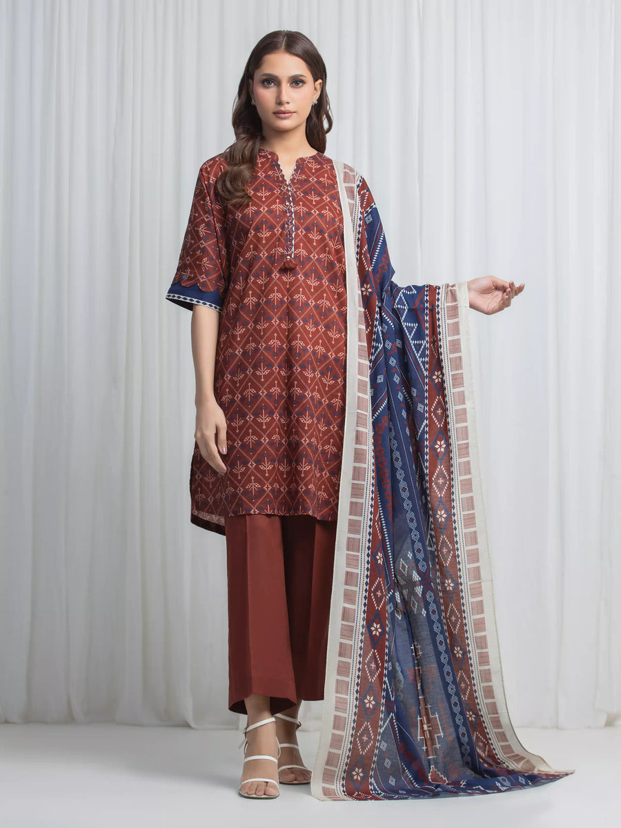 Edenrobe Allure Brown Lawn 3-Piece Suit | EWU6A1-36864-3P