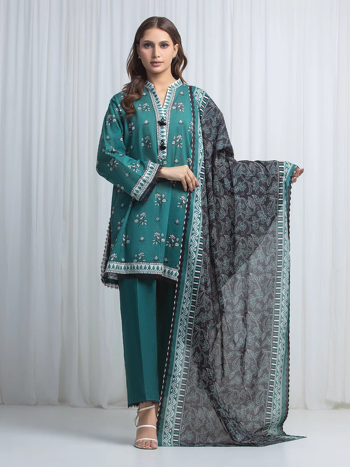 Edenrobe Allure Green Lawn 3-Piece Suit | EWU6A1-36859-3P