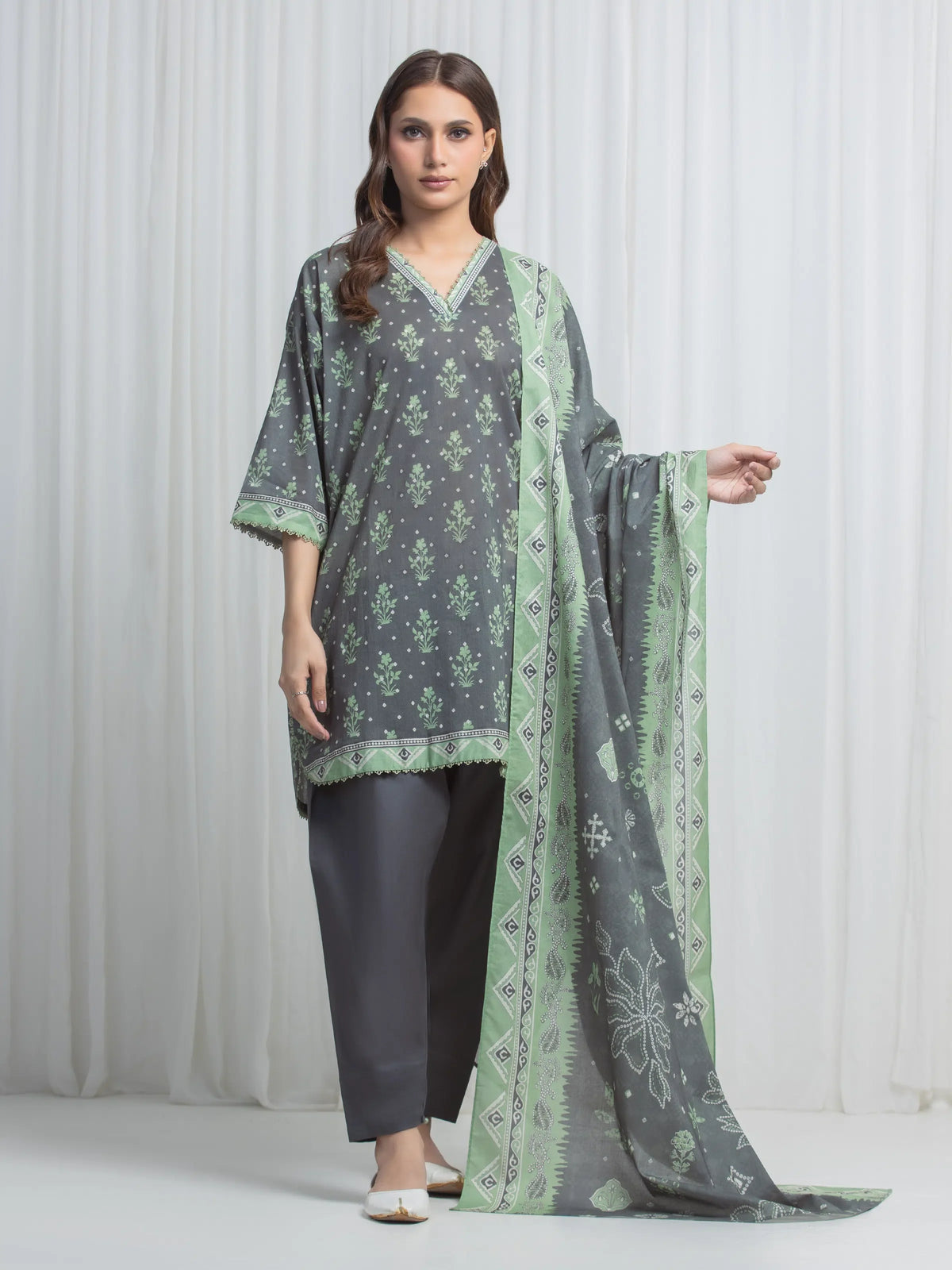 Edenrobe Allure Grey Lawn 3-Piece Suit | EWU6A1-36845-3P