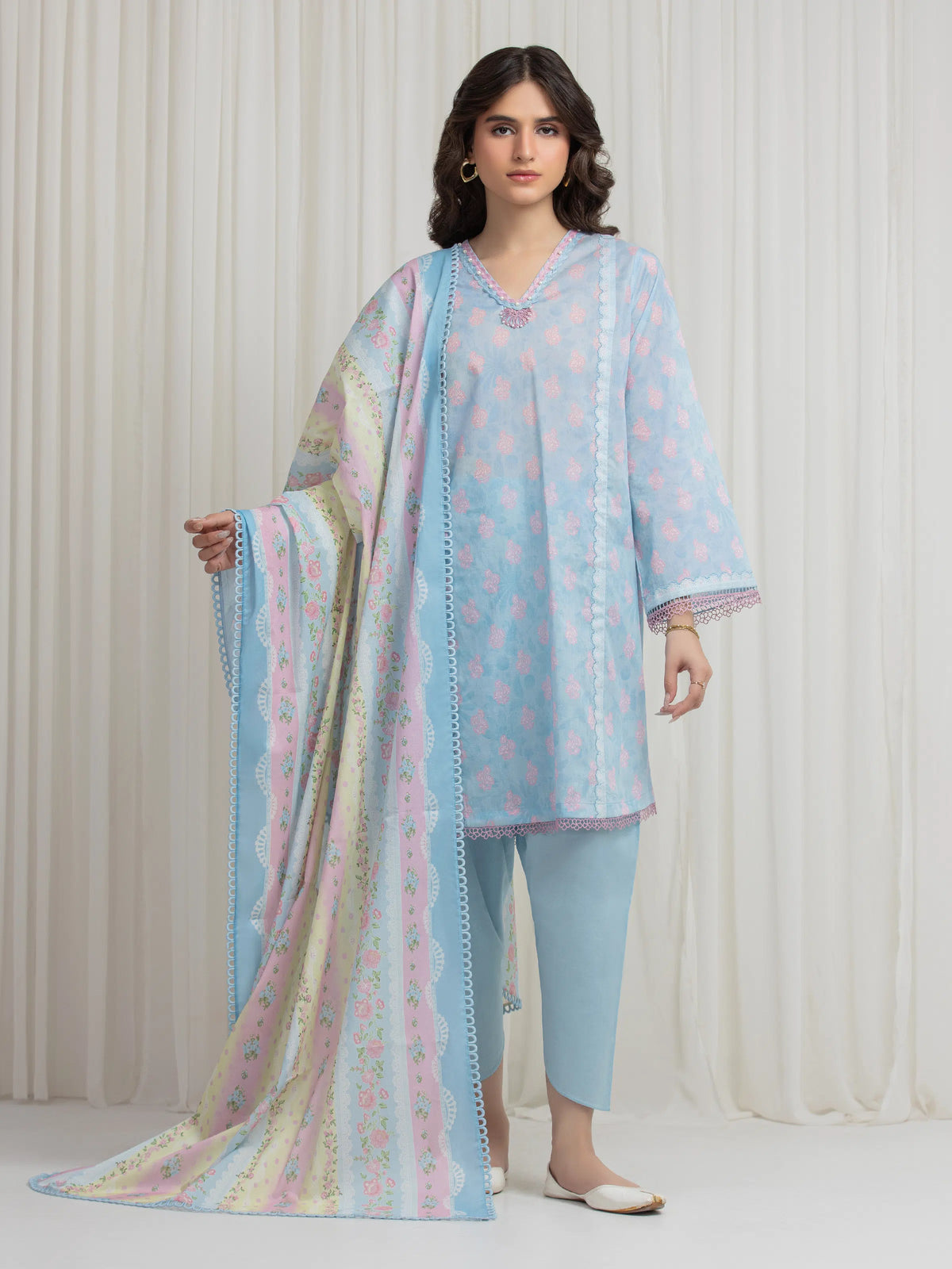 Edenrobe Allure Light Blue Lawn 3-Piece Suit | EWU6A1-36651-3P