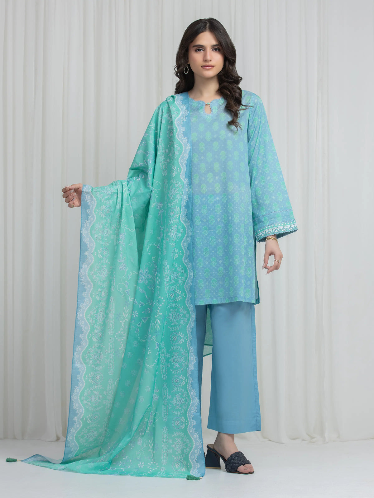 Edenrobe Allure Ice Blue Lawn 3-Piece Suit | EWU6A1-36631-3P