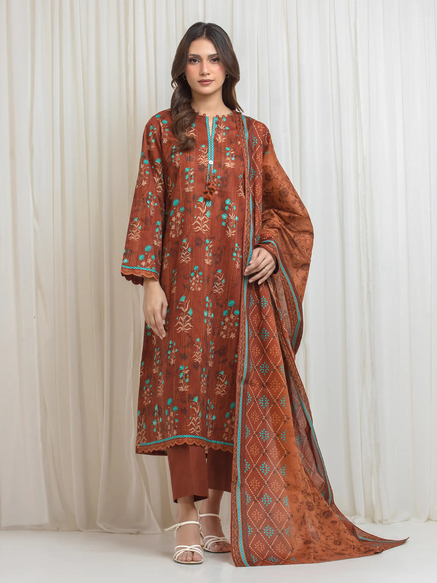 Edenrobe Allure Rust Lawn 3-Piece Suit | EWU6A1-36692-3P