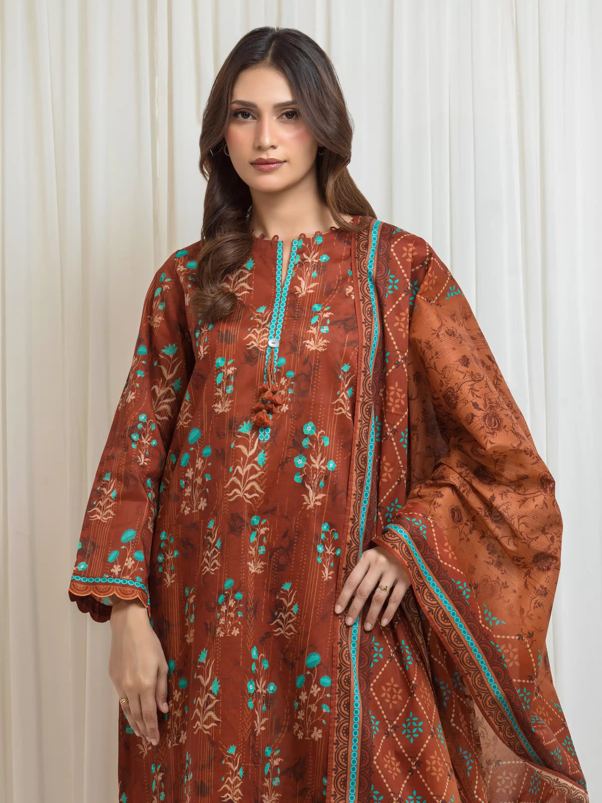 Edenrobe Allure Rust Lawn 3-Piece Suit | EWU6A1-36692-3P