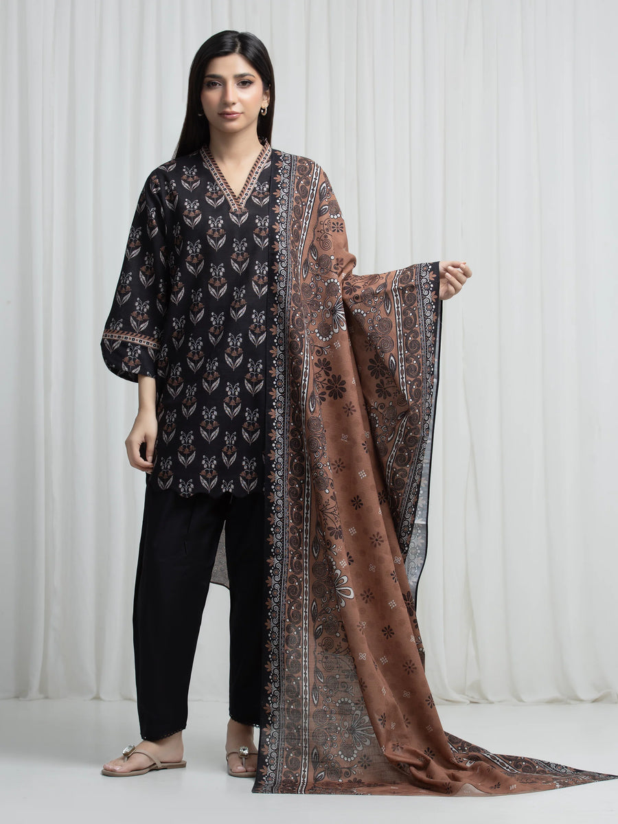 Edenrobe Allure Black Khaddar 3-Piece Suit | EWU6A3-37011-3P