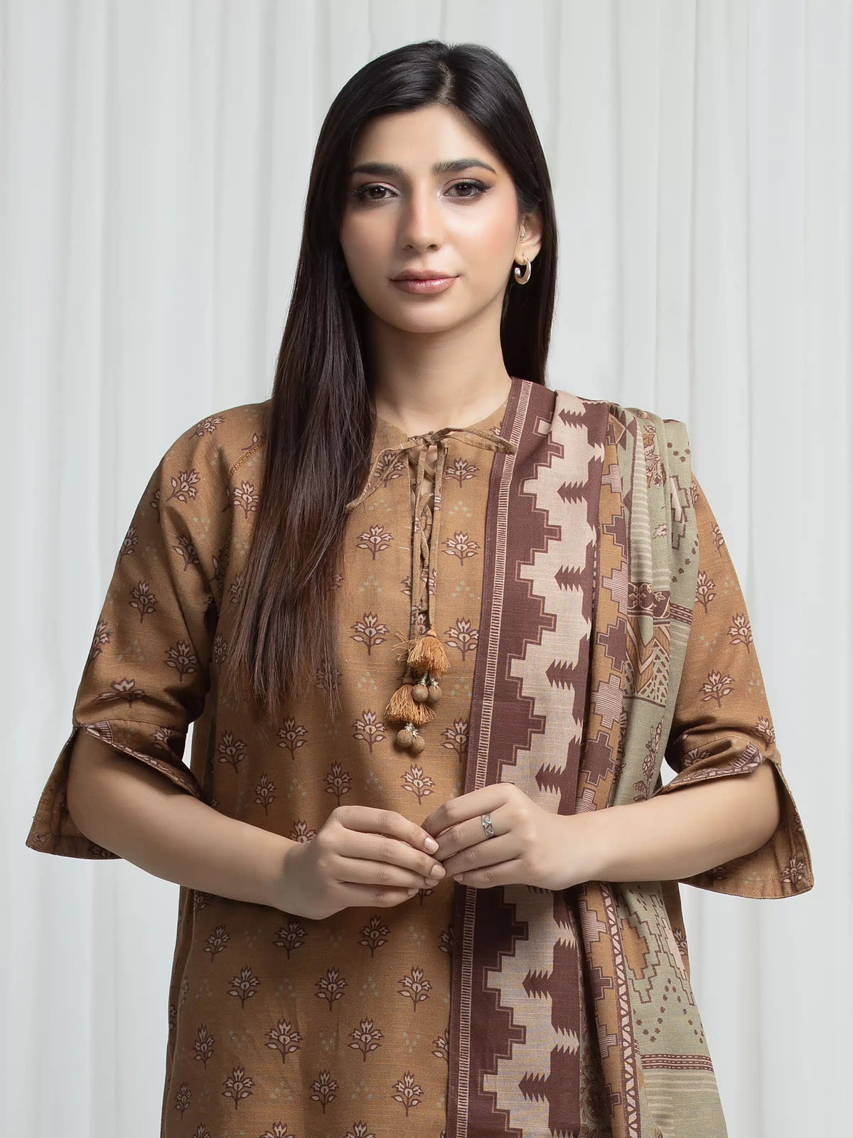 Edenrobe Allure Brown Khaddar 3-Piece Suit | EWU6A3-37032-3P