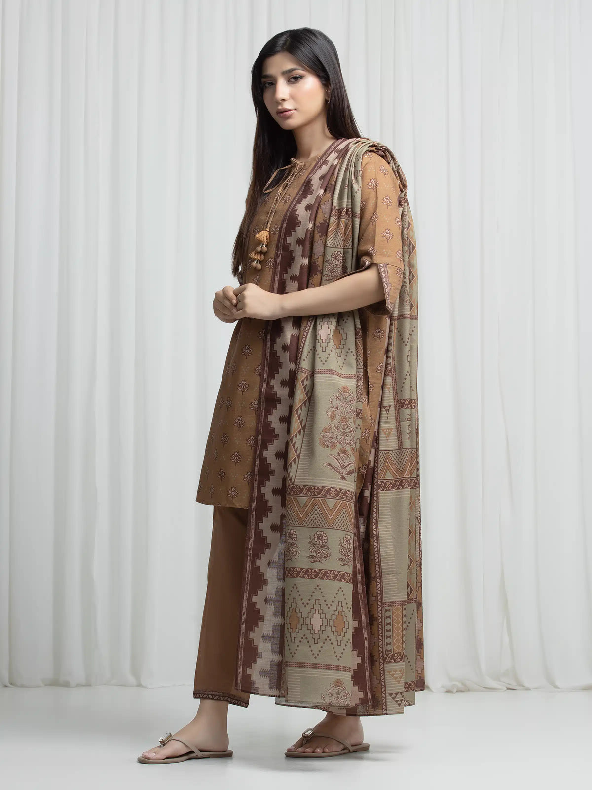 Edenrobe Allure Brown Khaddar 3-Piece Suit | EWU6A3-37032-3P