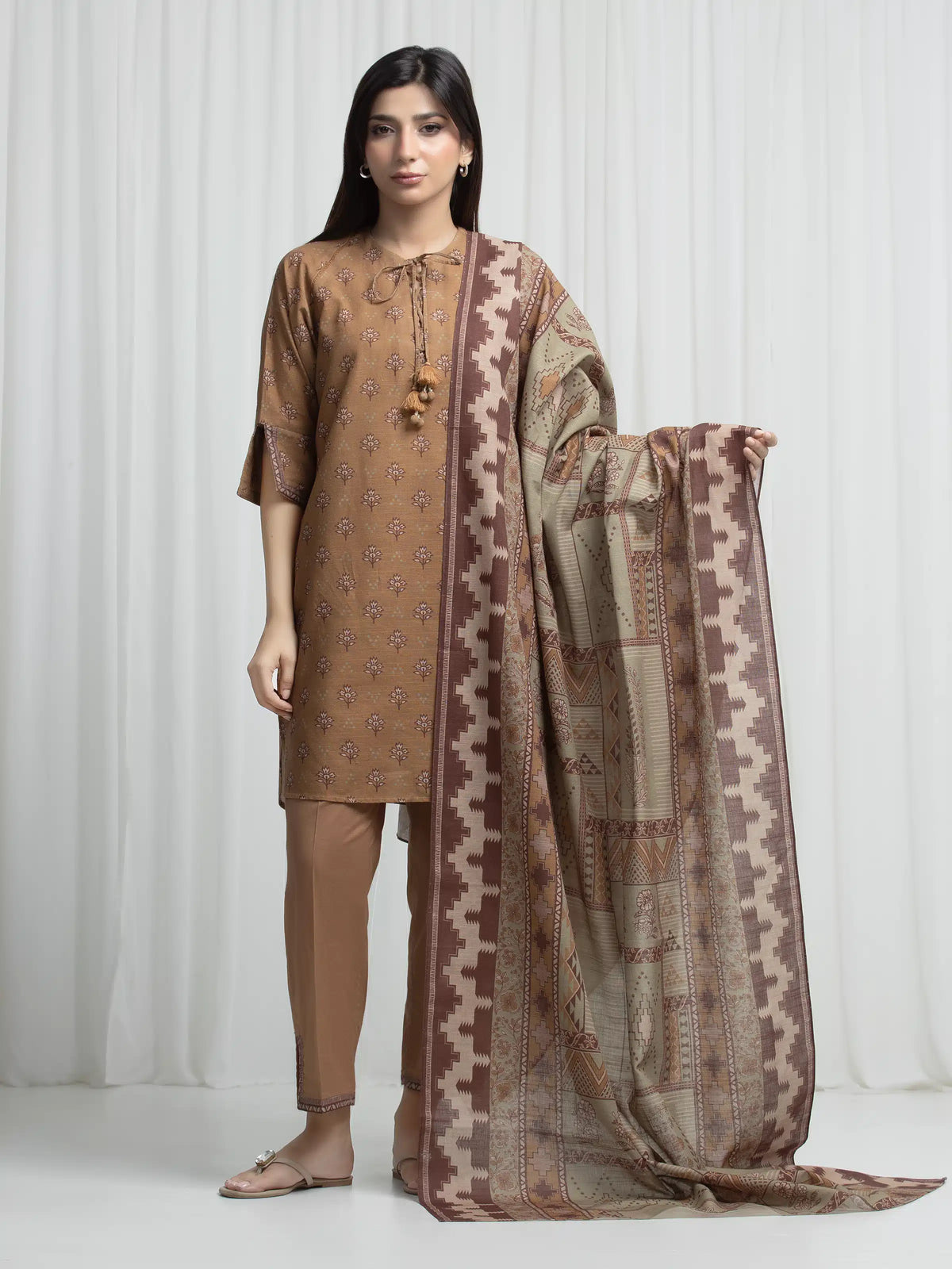 Edenrobe Allure Brown Khaddar 3-Piece Suit | EWU6A3-37032-3P