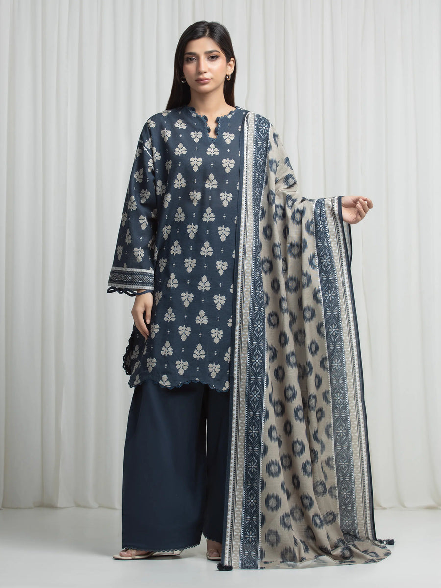 Edenrobe Allure Teal Khaddar 3-Piece Suit | EWU6A3-37006-3P