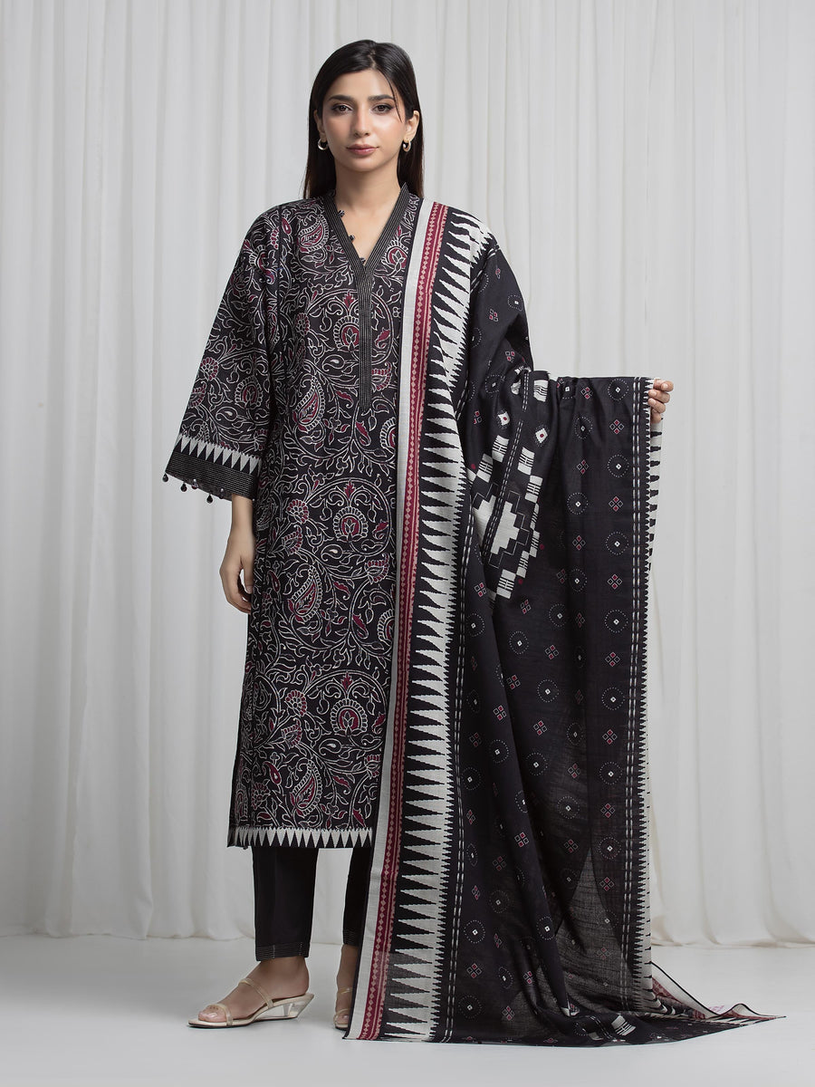 Edenrobe Allure Black Khaddar 3-Piece Suit | EWU6A3-37009-3P