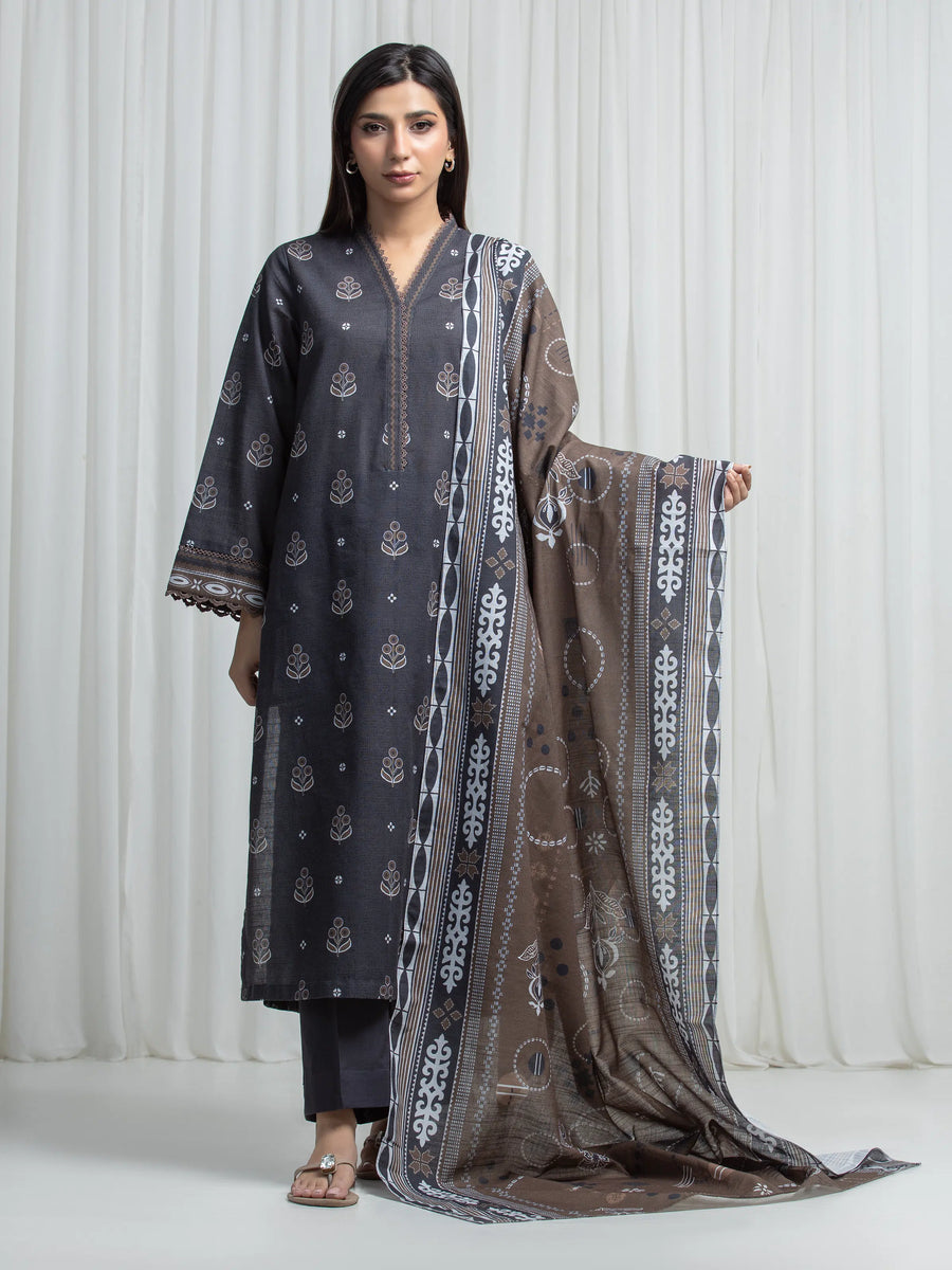Edenrobe Allure Charcoal Khaddar 3-Piece Suit | EWU6A3-37030-3P