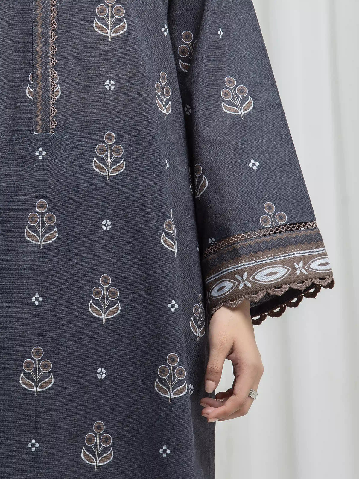 Edenrobe Allure Charcoal Khaddar 3-Piece Suit | EWU6A3-37030-3P