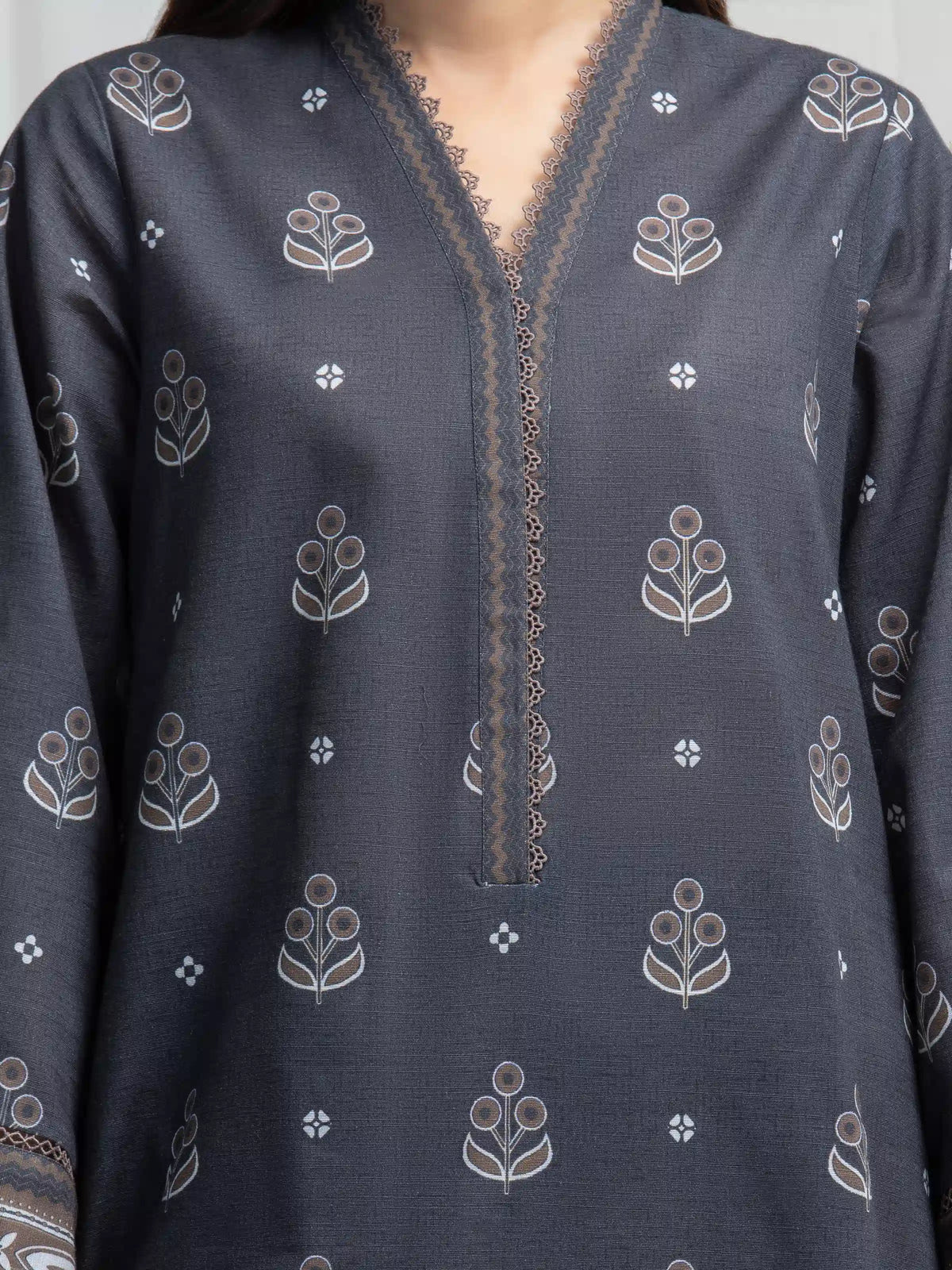 Edenrobe Allure Charcoal Khaddar 3-Piece Suit | EWU6A3-37030-3P