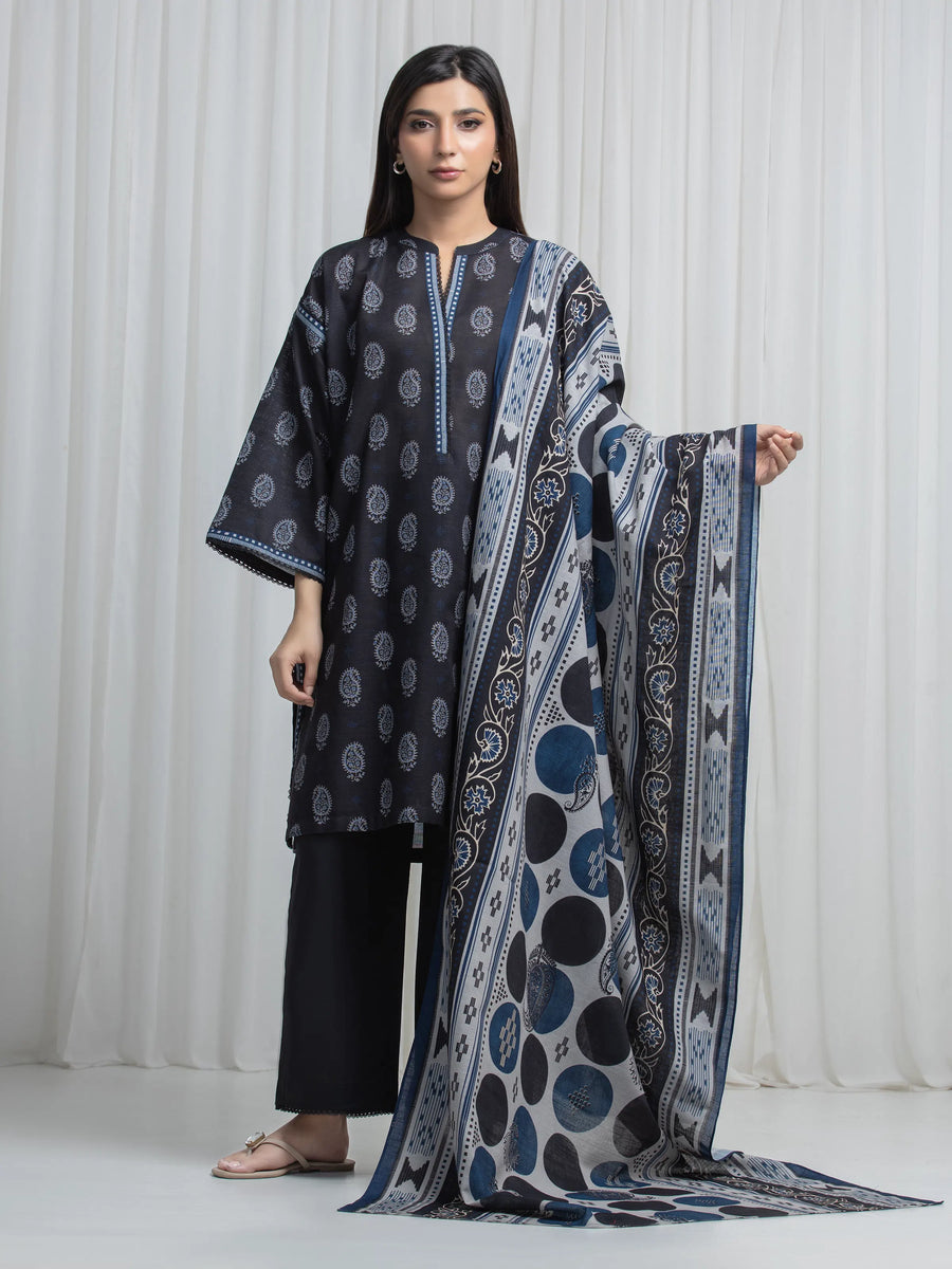 Edenrobe Allure Black Khaddar 3-Piece Suit | EWU6A3-37028-3P