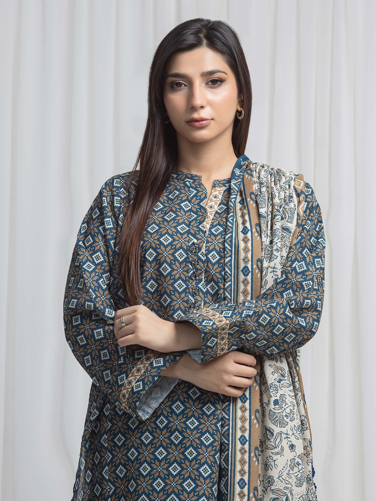 Edenrobe Allure Teal Khaddar 3-Piece Suit | EWU6A3-37010-3P