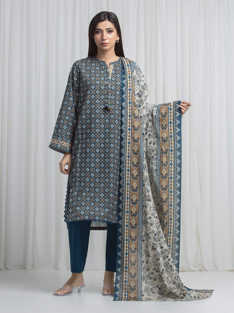 Edenrobe Allure Teal Khaddar 3-Piece Suit | EWU6A3-37010-3P
