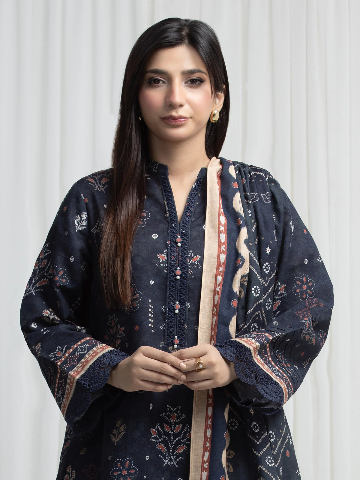 Edenrobe Allure Navy Khaddar 3-Piece Suit | EWU6A3-37007-3P