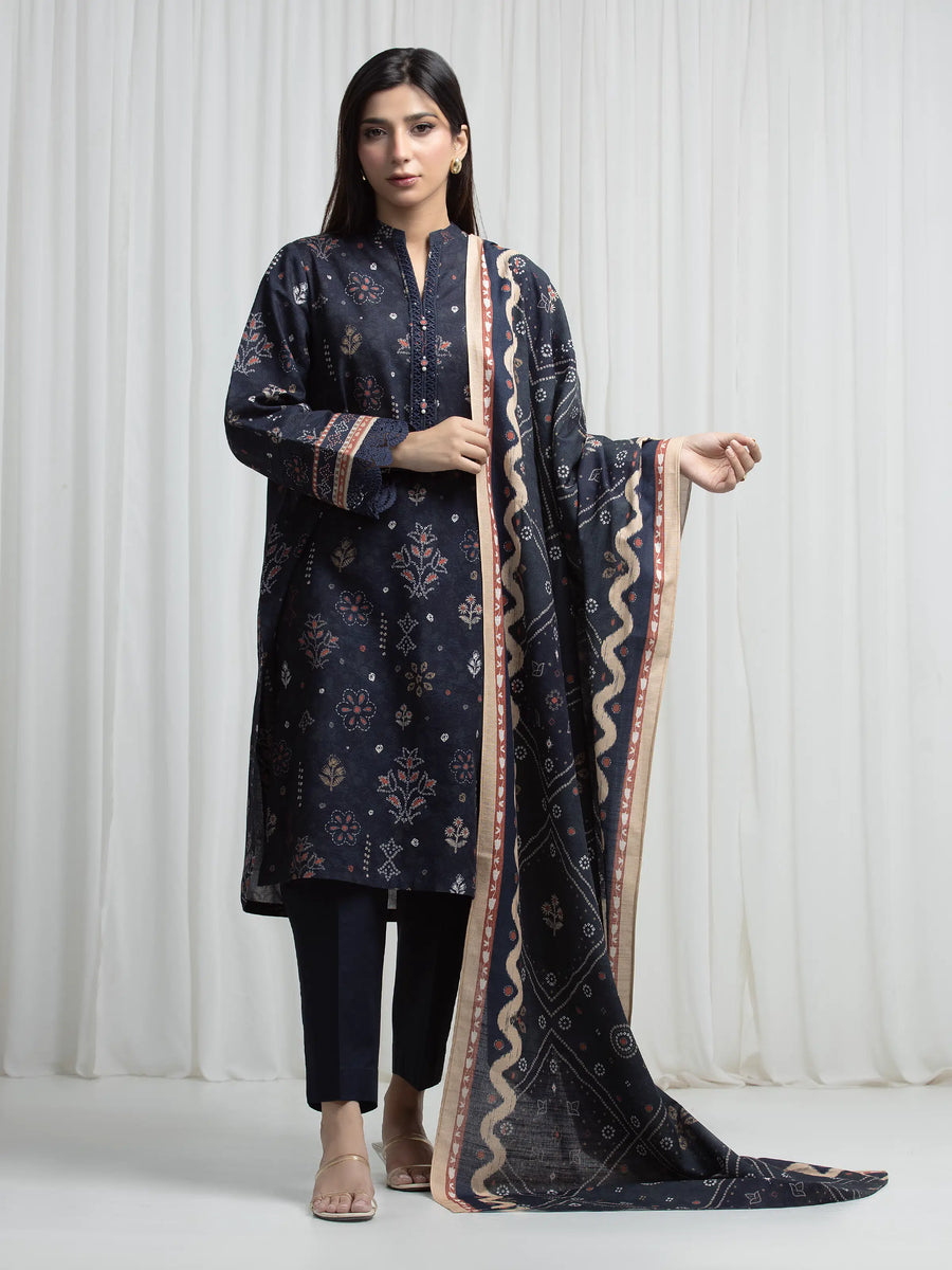 Edenrobe Allure Navy Khaddar 3-Piece Suit | EWU6A3-37007-3P