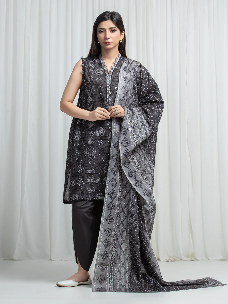 Edenrobe Allure Black Khaddar 3-Piece Suit | EWU6A3-37008-3P