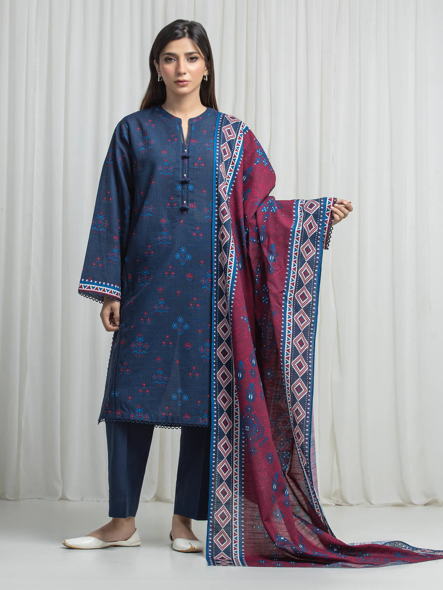 Edenrobe Allure Blue Khaddar 3-Piece Suit | EWU6A3-37037-3P