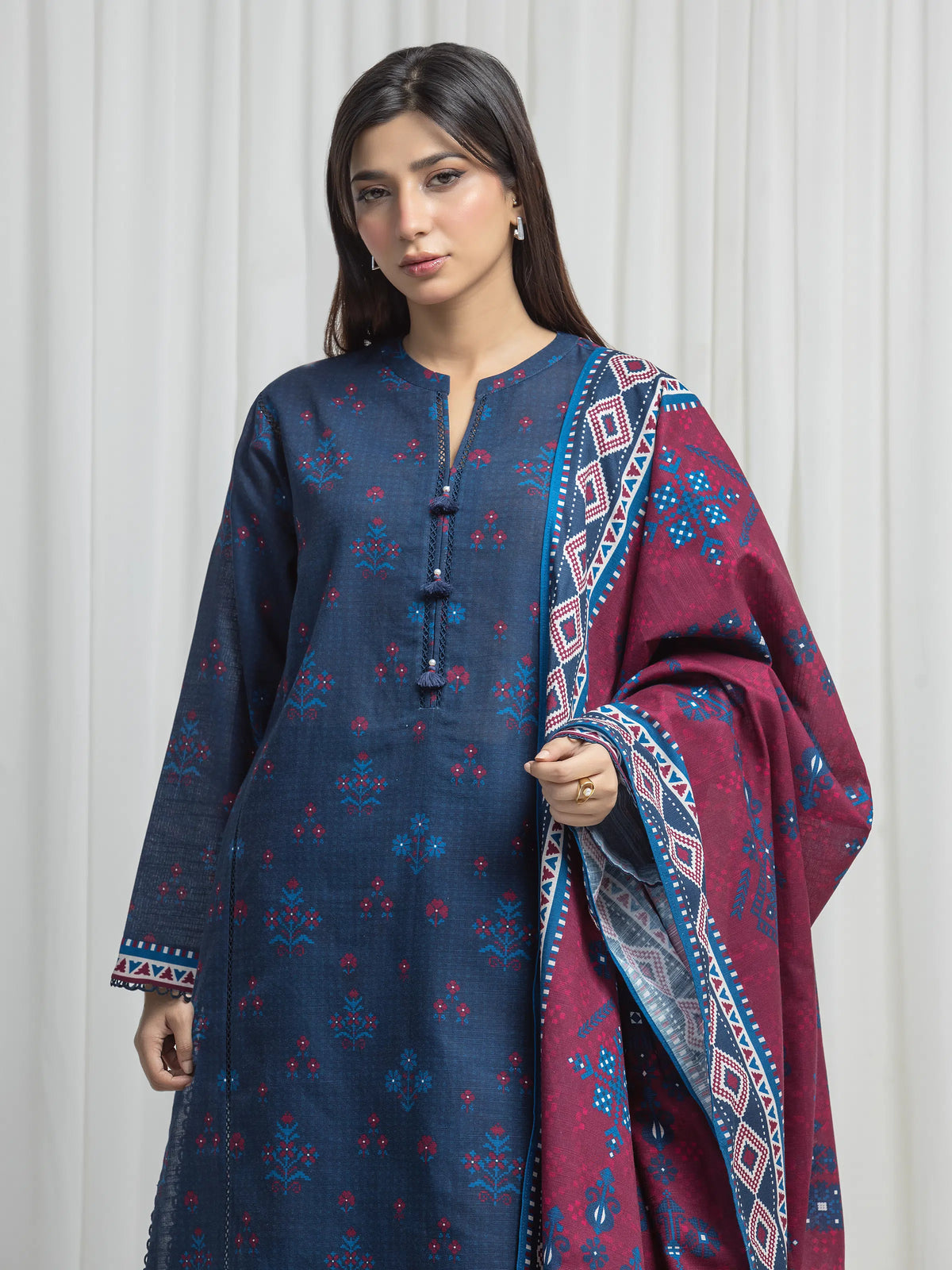 Edenrobe Allure Blue Khaddar 3-Piece Suit | EWU6A3-37037-3P