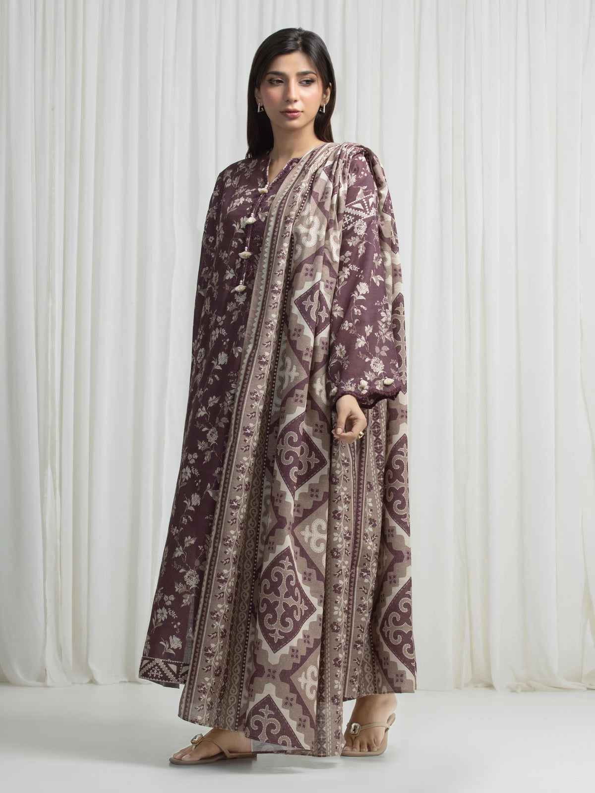 Edenrobe Allure Brown Khaddar 3-Piece Suit | EWU6A3-37001-3P
