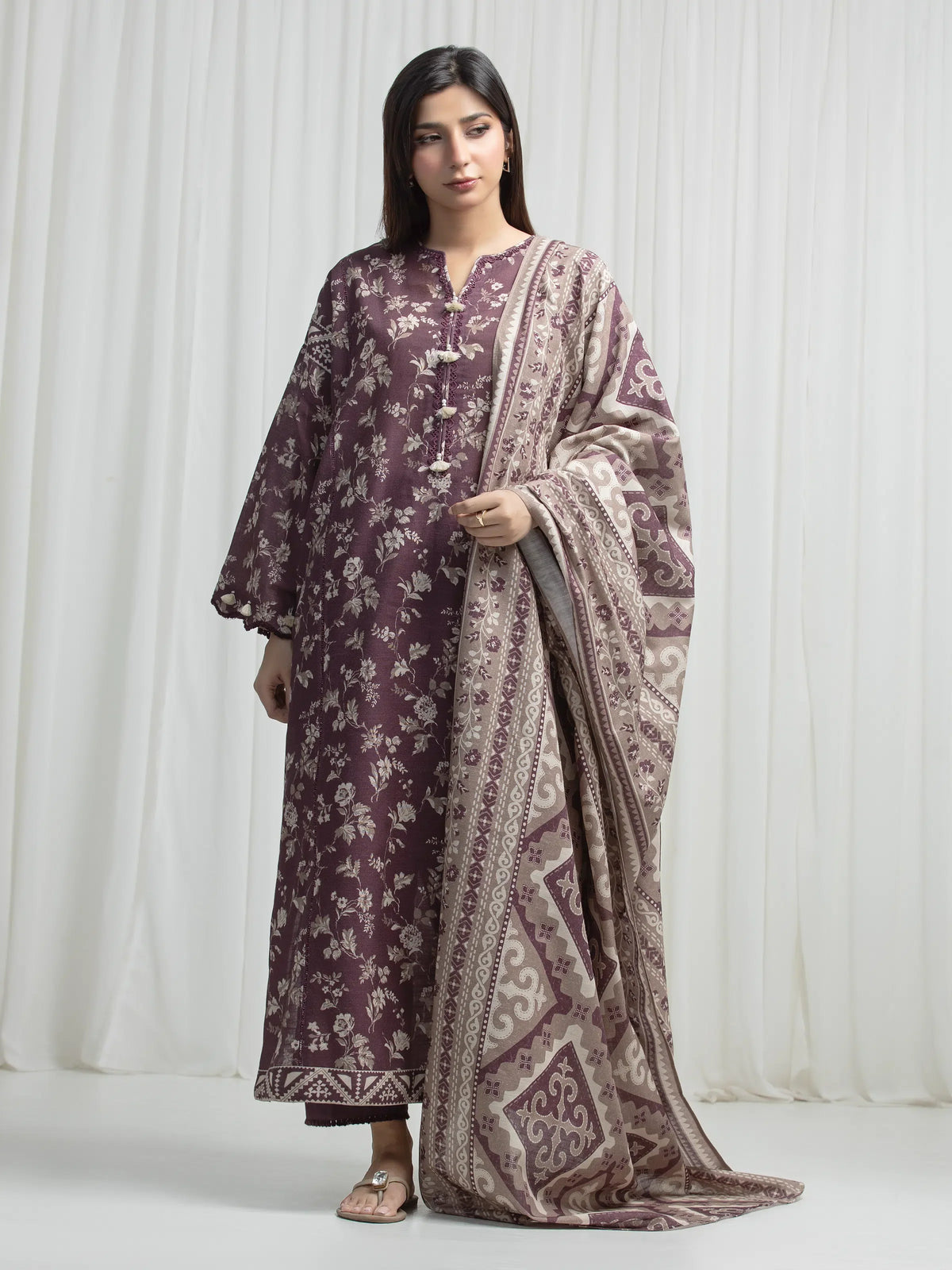 Edenrobe Allure Brown Khaddar 3-Piece Suit | EWU6A3-37001-3P