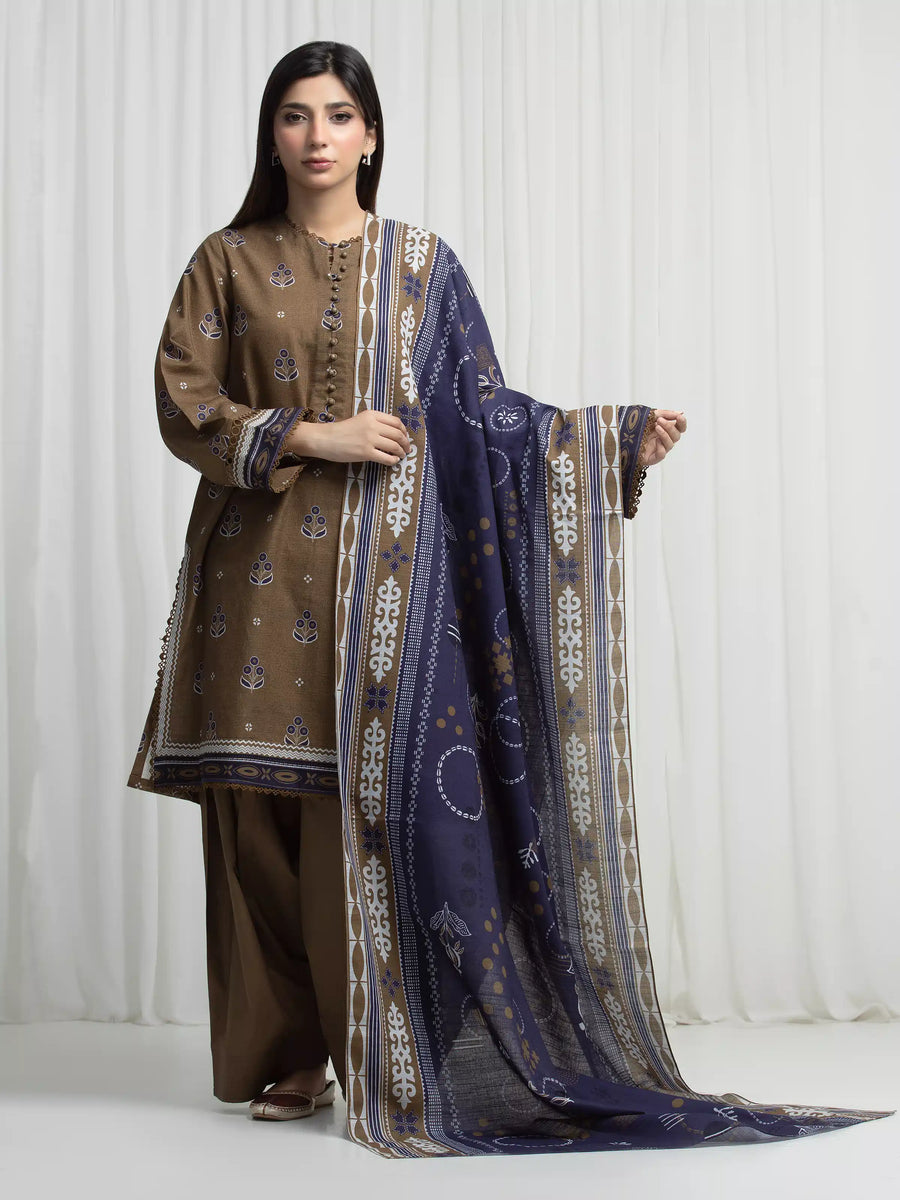 Edenrobe Allure Olive Khaddar 3-Piece Suit | EWU6A3-37029-3P