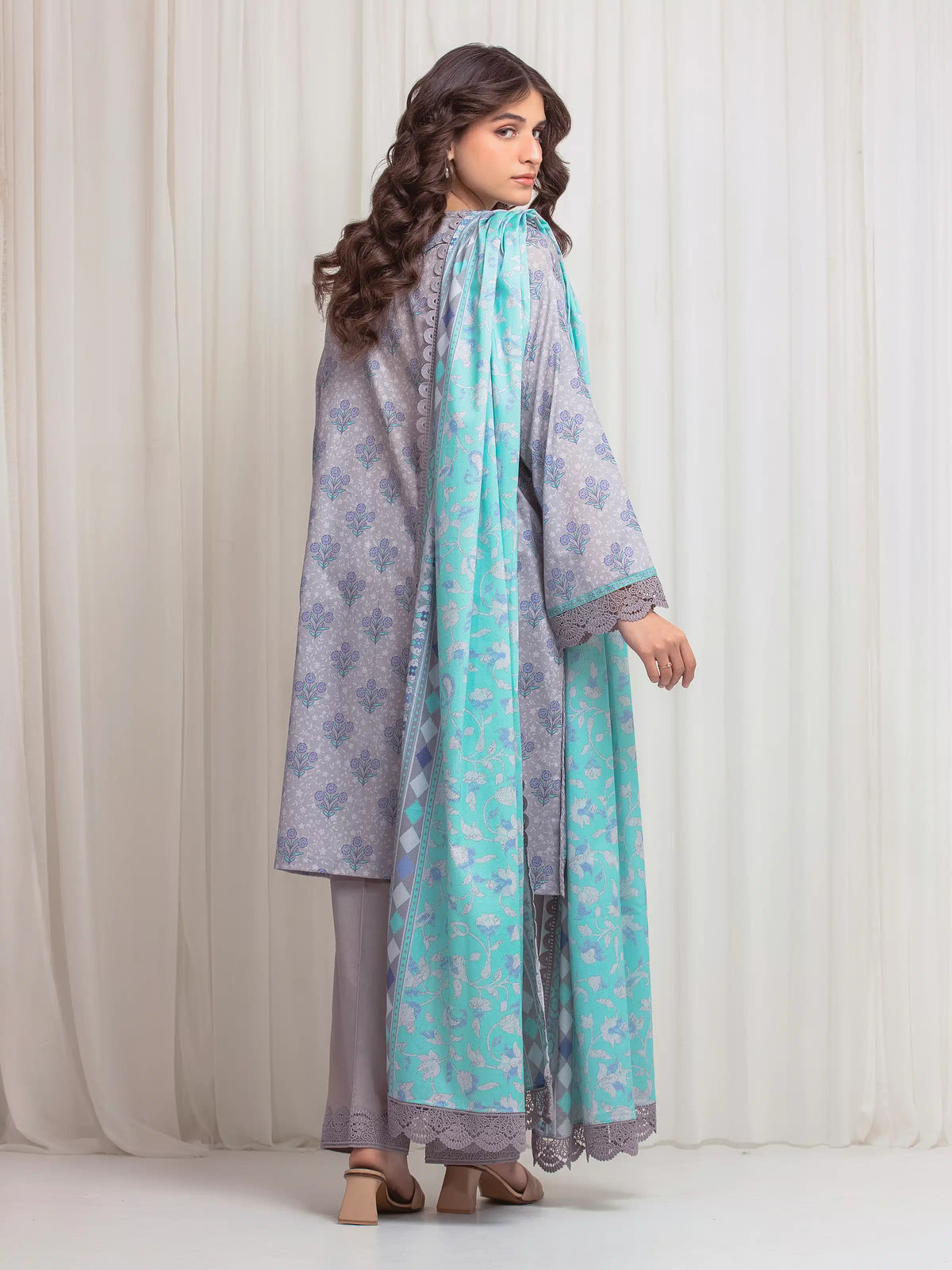 Edenrobe Allure Grey Lawn 3-Piece Suit | EWU6A1-36610-3P