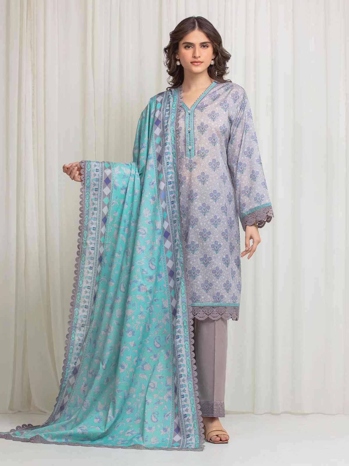 Edenrobe Allure Grey Lawn 3-Piece Suit | EWU6A1-36610-3P