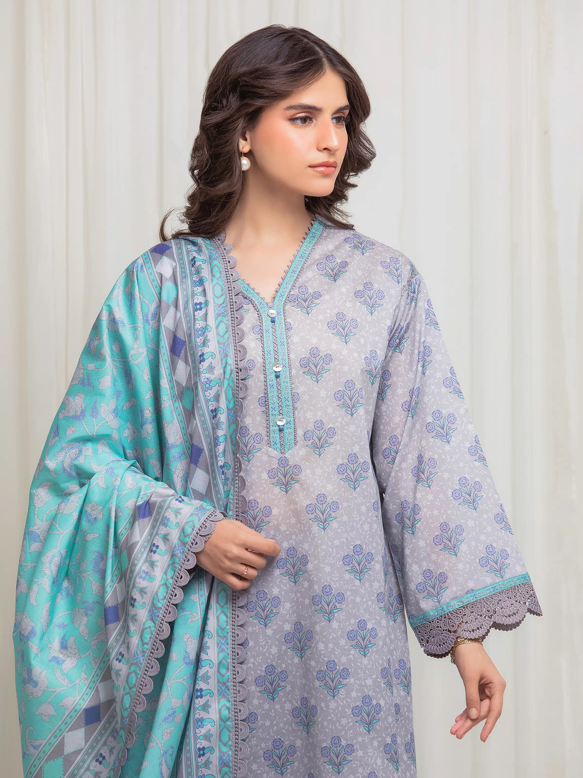 Edenrobe Allure Grey Lawn 3-Piece Suit | EWU6A1-36610-3P