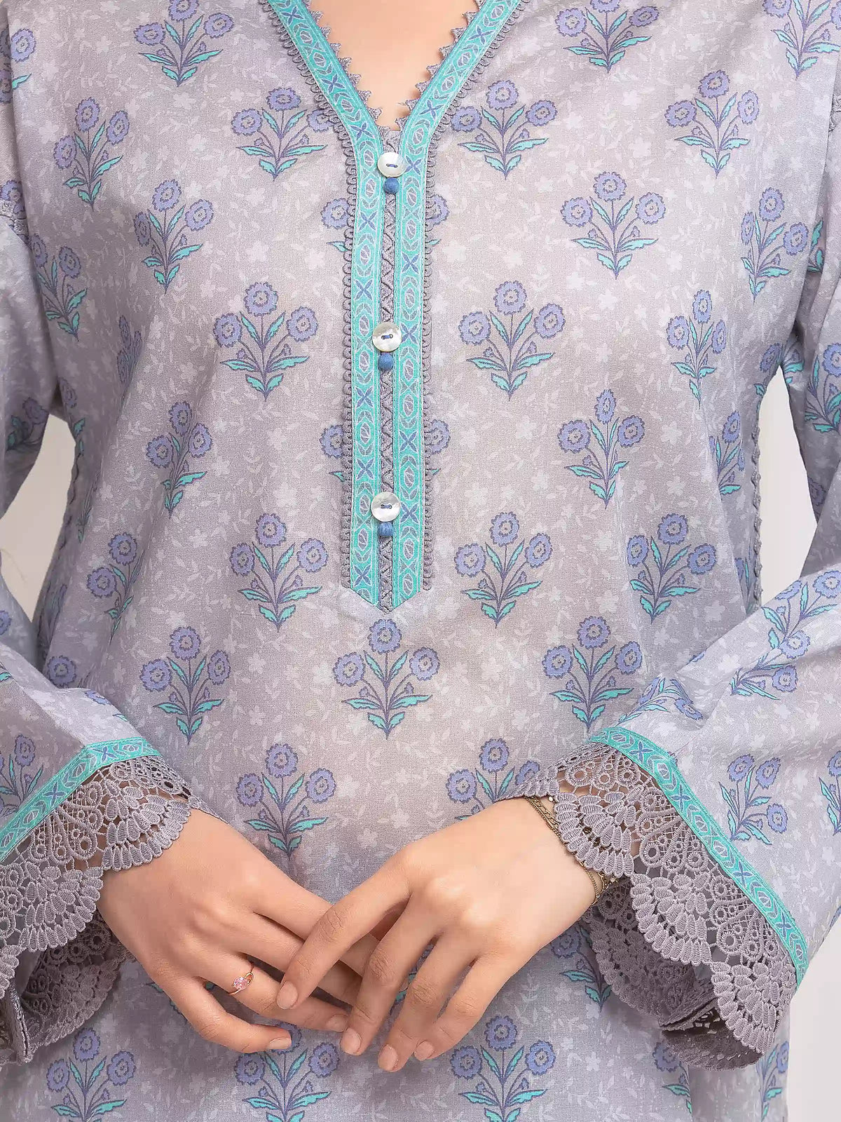 Edenrobe Allure Grey Lawn 3-Piece Suit | EWU6A1-36610-3P