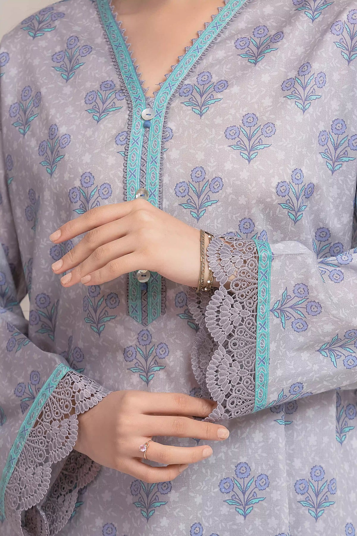 Edenrobe Allure Grey Lawn 3-Piece Suit | EWU6A1-36610-3P