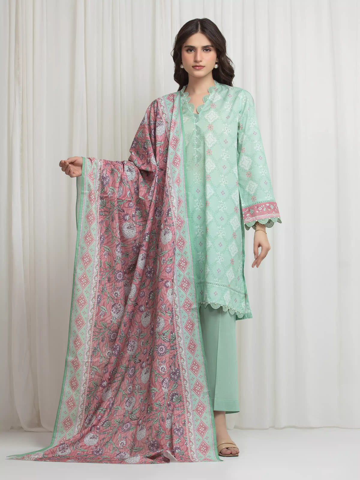 Edenrobe Allure Mint Green Lawn 3-Piece Suit | EWU6A1-36617-3P
