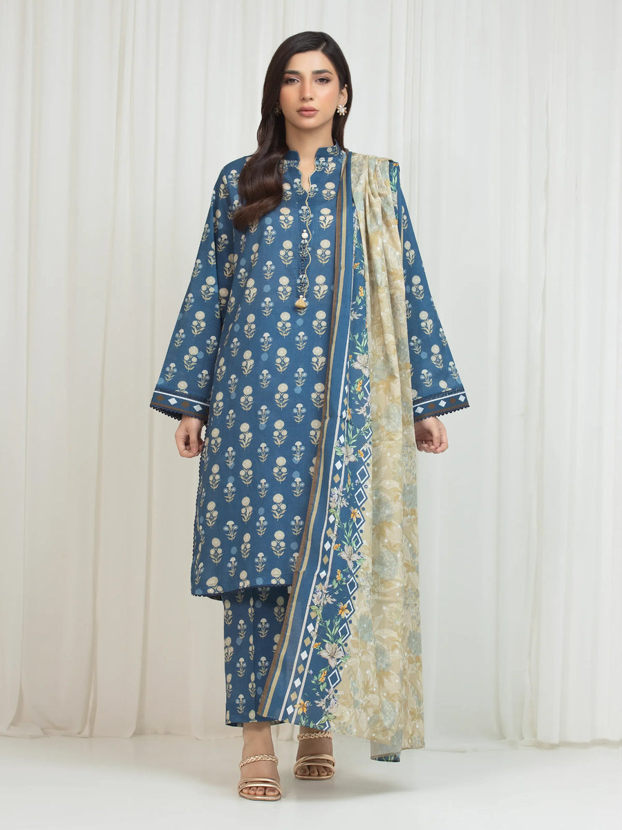 Edenrobe Allure Blue Lawn 3-Piece Suit | EWU6A1-36768-3P
