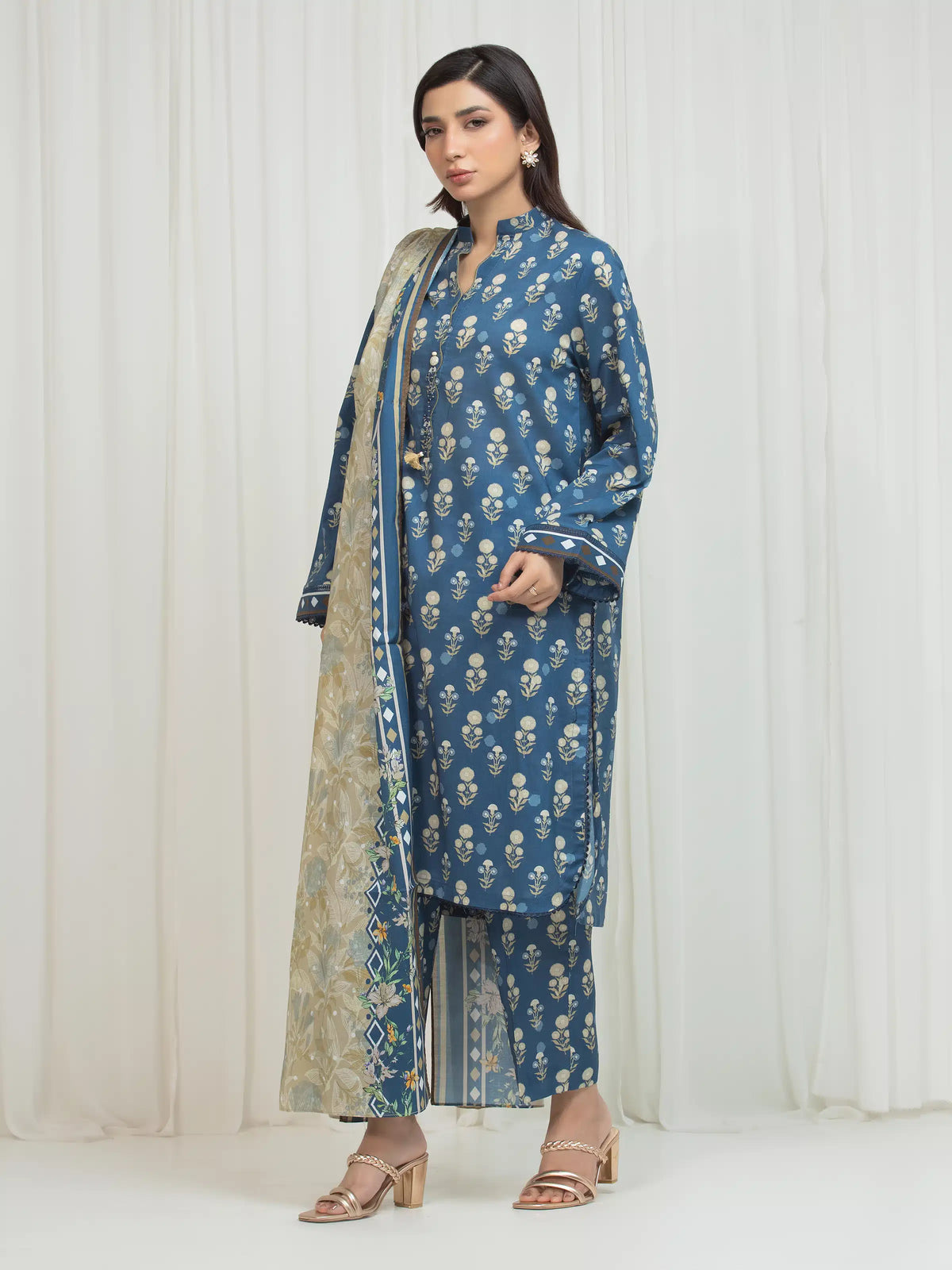Edenrobe Allure Blue Lawn 3-Piece Suit | EWU6A1-36768-3P