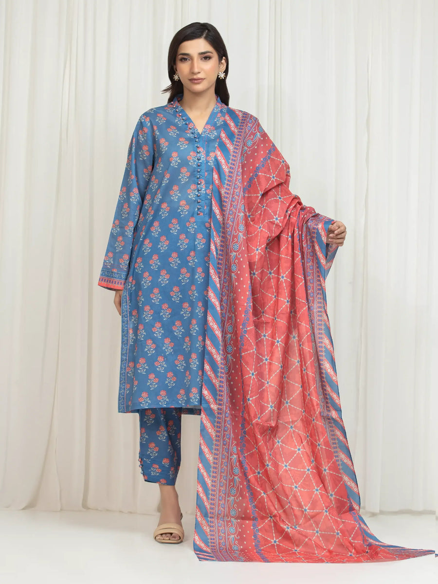 Edenrobe Allure Blue Lawn 3-Piece Suit | EWU6A1-36756-3P